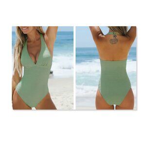 Cupshe Recycled Forest Trip Rib Halter One Piece Swimsuit Sz M NWT
